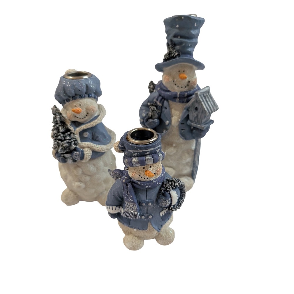 Growth Cooperate 2000 Snowman Candleholders Set of 3 Blue White 154904 Vintage